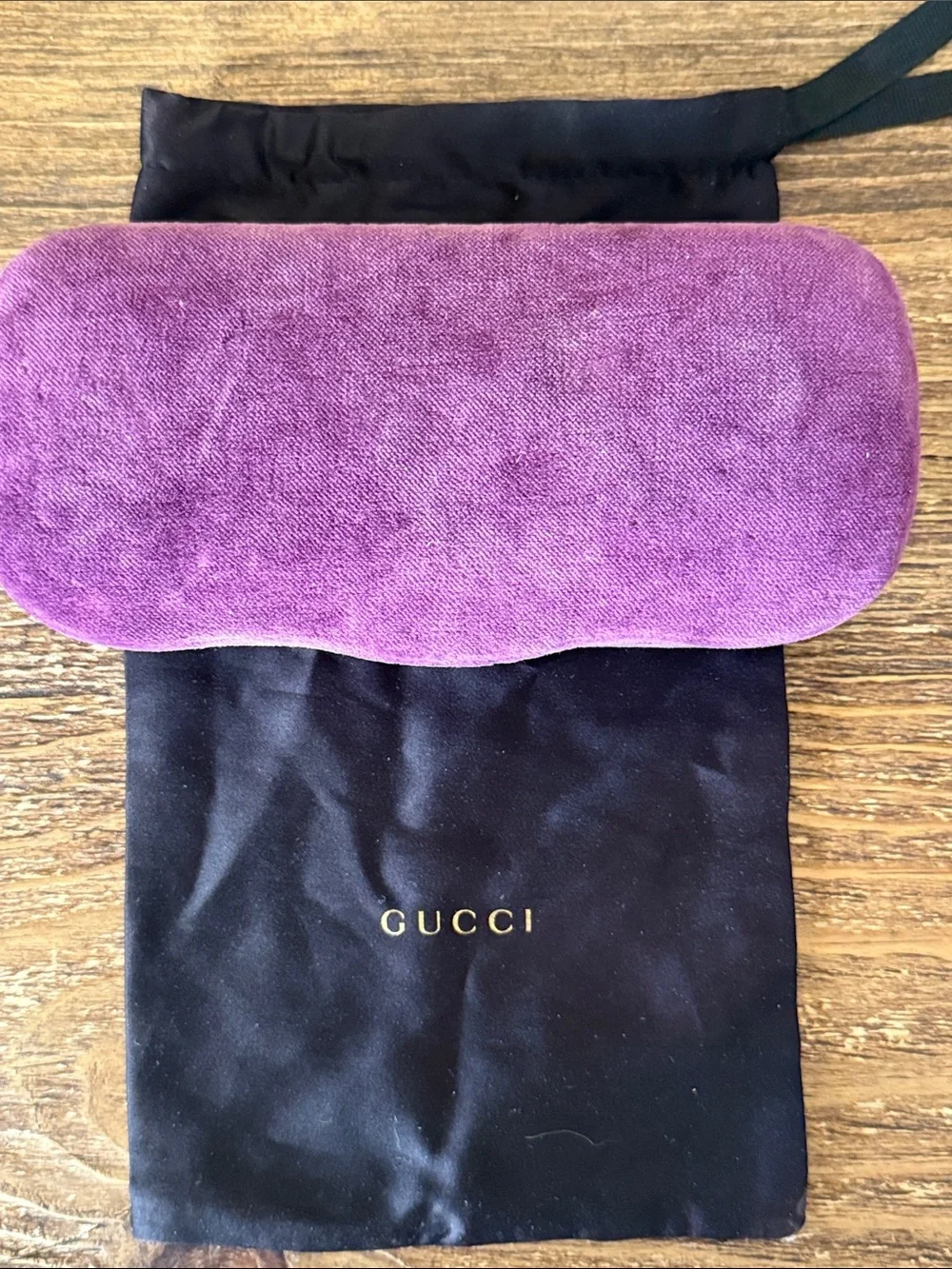Gucci Black Round Optical Glasses with purple case, dust bag, and cleaning cloth